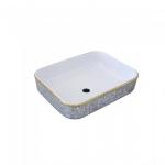 حوض مغسلة بورسلان ديكور مستطيل أبيض بحافة فضية/جليتر – فوق السطح (صيني)