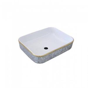 حوض مغسلة بورسلان ديكور مستطيل أبيض بحافة فضية/جليتر – فوق السطح (صيني)
