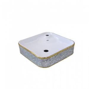 Decorative Square Porcelain Vessel Sink – White with Gold Rim – Mini – Above Counter
